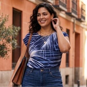 Lauren Ralph Lauren Navy and White Palm-Print Cap-Sleeve Top